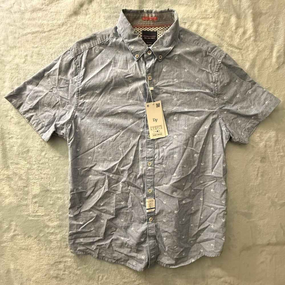 Denim & Flower Shirt Mens Large Blue Palm Tree Slim Fit Short Sleeve Button Up